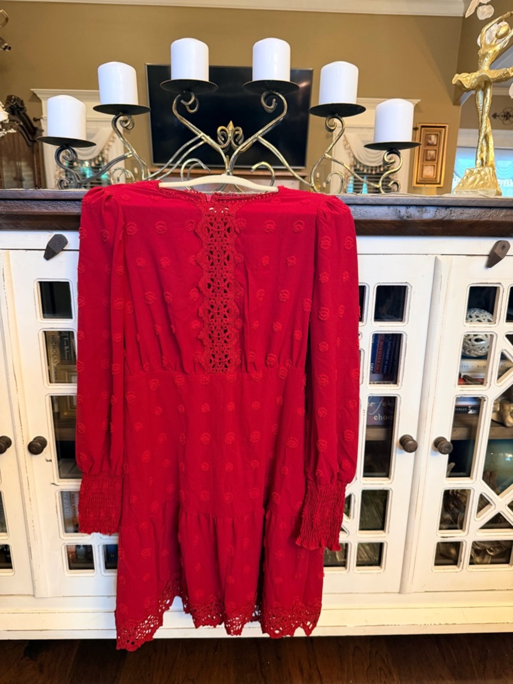 Red Lace-Trim Long Sleeve Women's Dress